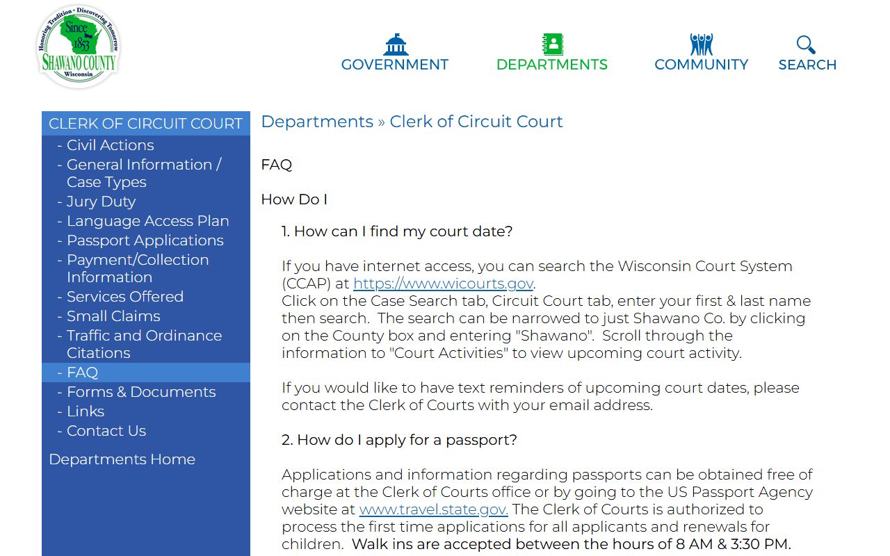 Shawano County bankruptcy records clerk FAQ image