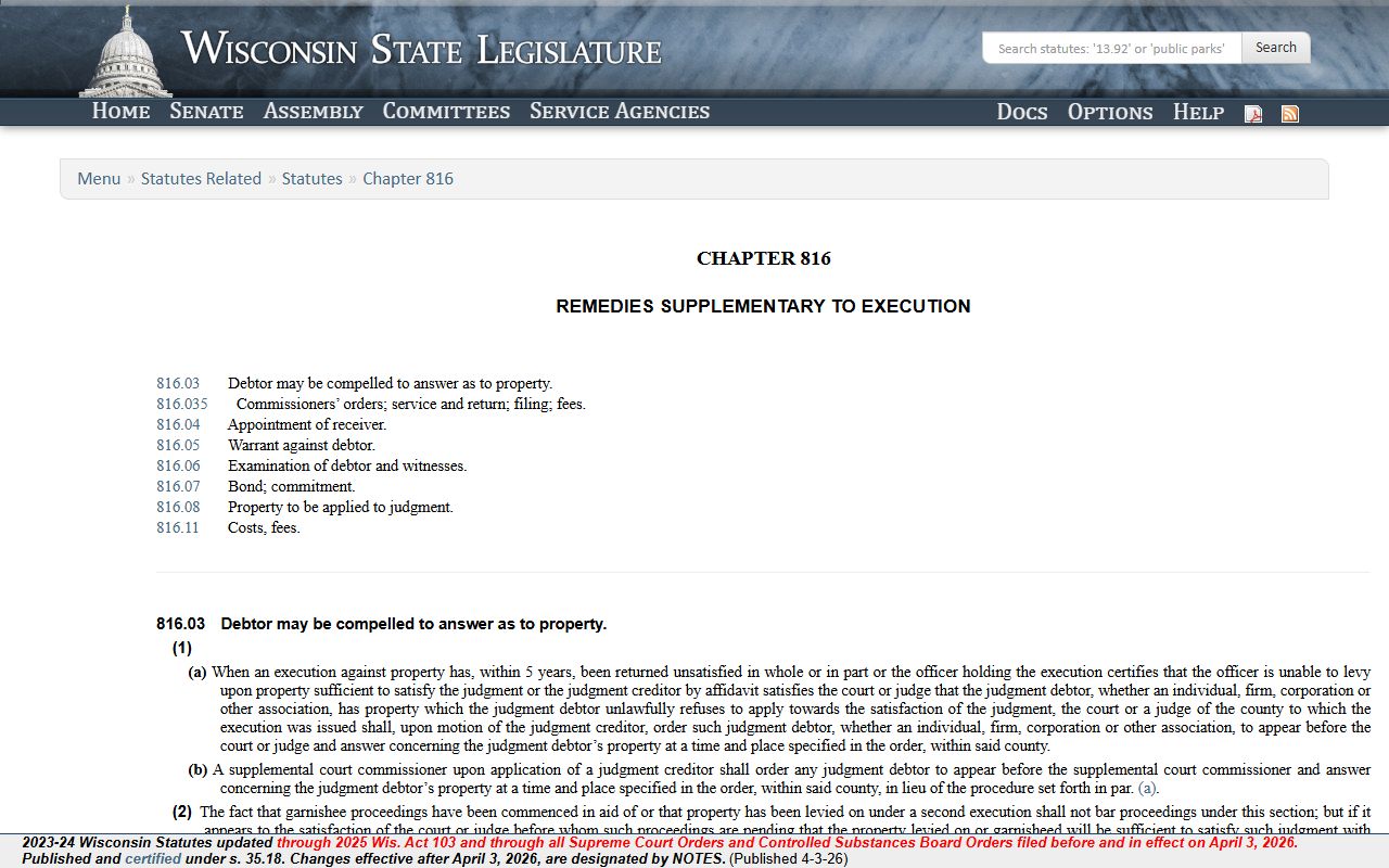 Wisconsin Bankruptcy Records chapter 816 image